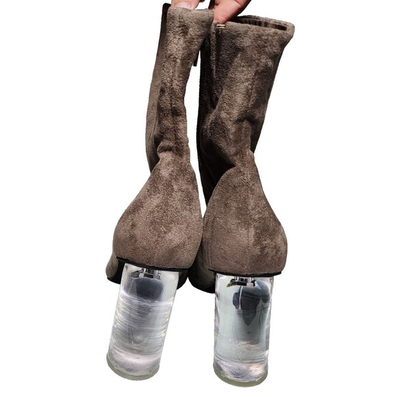 Jeffrey Campbell Lustful Suede Bootie Lucite Heel Size 9.5 Taupe Side Zip - Picture 4 of 7